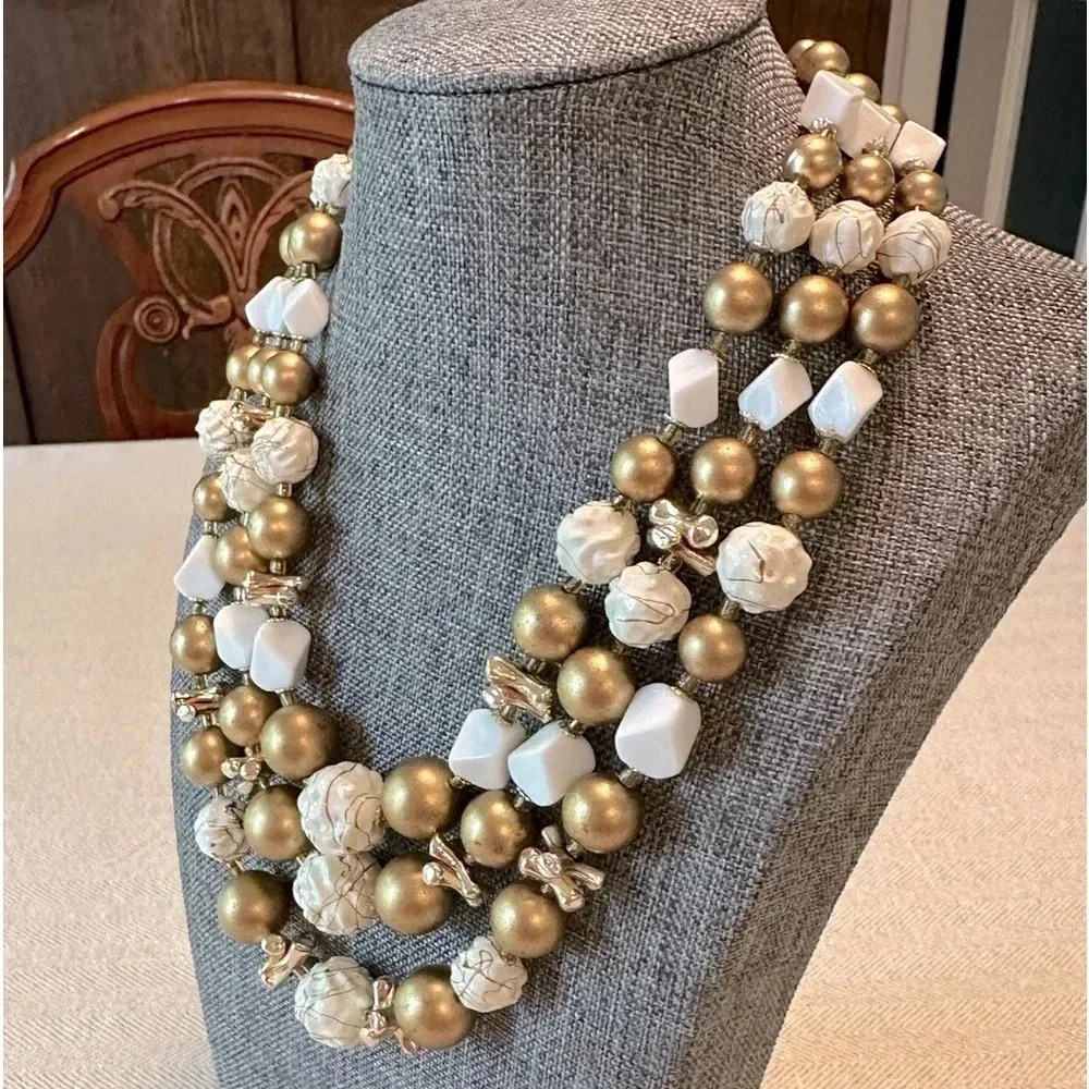 Vintage Signed Japan Gold & White Beaded Statement Necklace Multi-Strand Layered - Picture 4 of 11